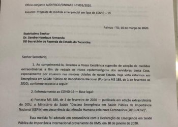 AUDIFISCO e SINDARE solicitam medidas emergenciais no âmbito da SEFAZ-TO para o combate do COVID - 