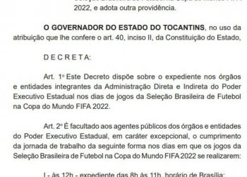 Governo do Tocantins decreta horários facultativos para os dias de jogos do Brasil na Copa 2022