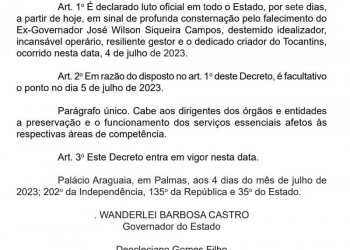 Estado decreta ponto facultativo para amanhã e luto de sete dias pela morte de Siqueira Campos