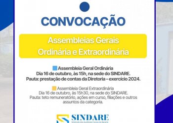 SINDARE convoca filiados para Assembleias Gerais Ordinária e Extraordinária