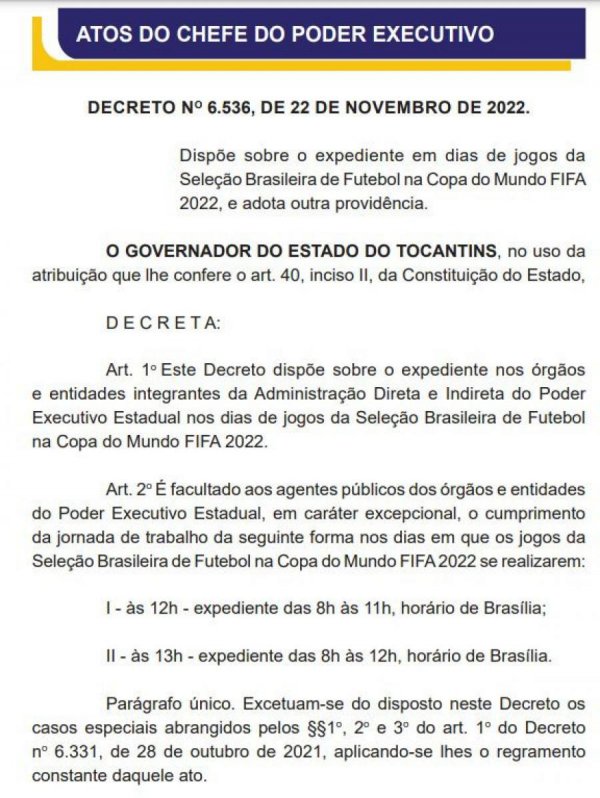 Decreto Municipal: Horários em dias de jogos da Copa do Mundo FIFA