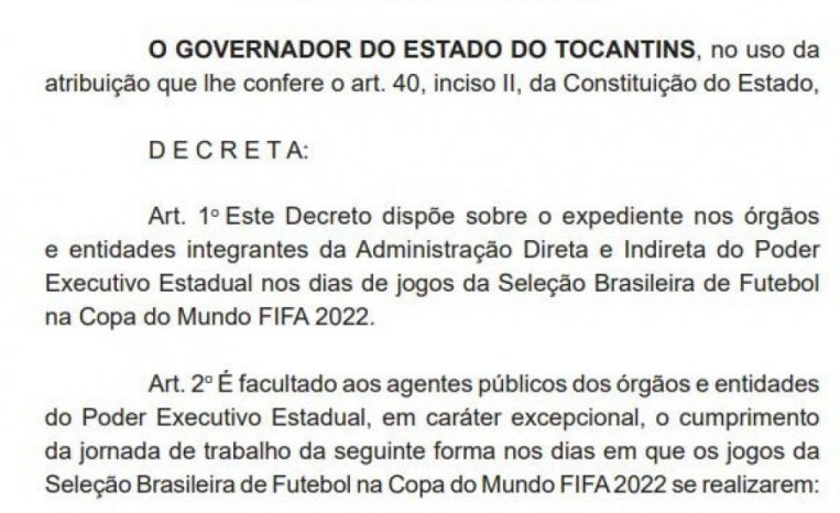 Governo do Tocantins decreta horários facultativos para os dias de jogos do Brasil na Copa 2022
