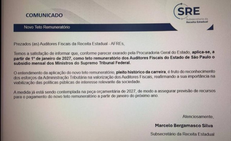 Parecer de São Paulo reforça o entendimento da AUDIFISCO, do SINDARE, da FEBRAFITE e da FENAT. É devida a aplicação do teto remuneratório nacional dos Auditores Fiscais a partir de 2027