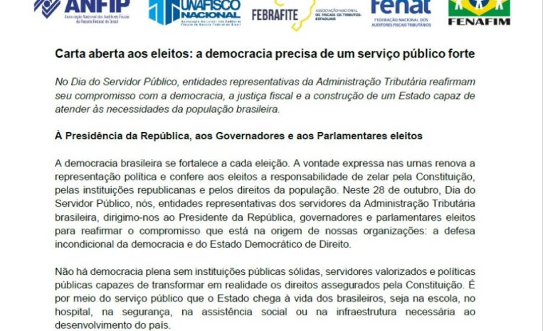 SINDARE e AUDIFISCO destacam carta aberta de entidades nacionais em defesa do serviço público e da democracia
